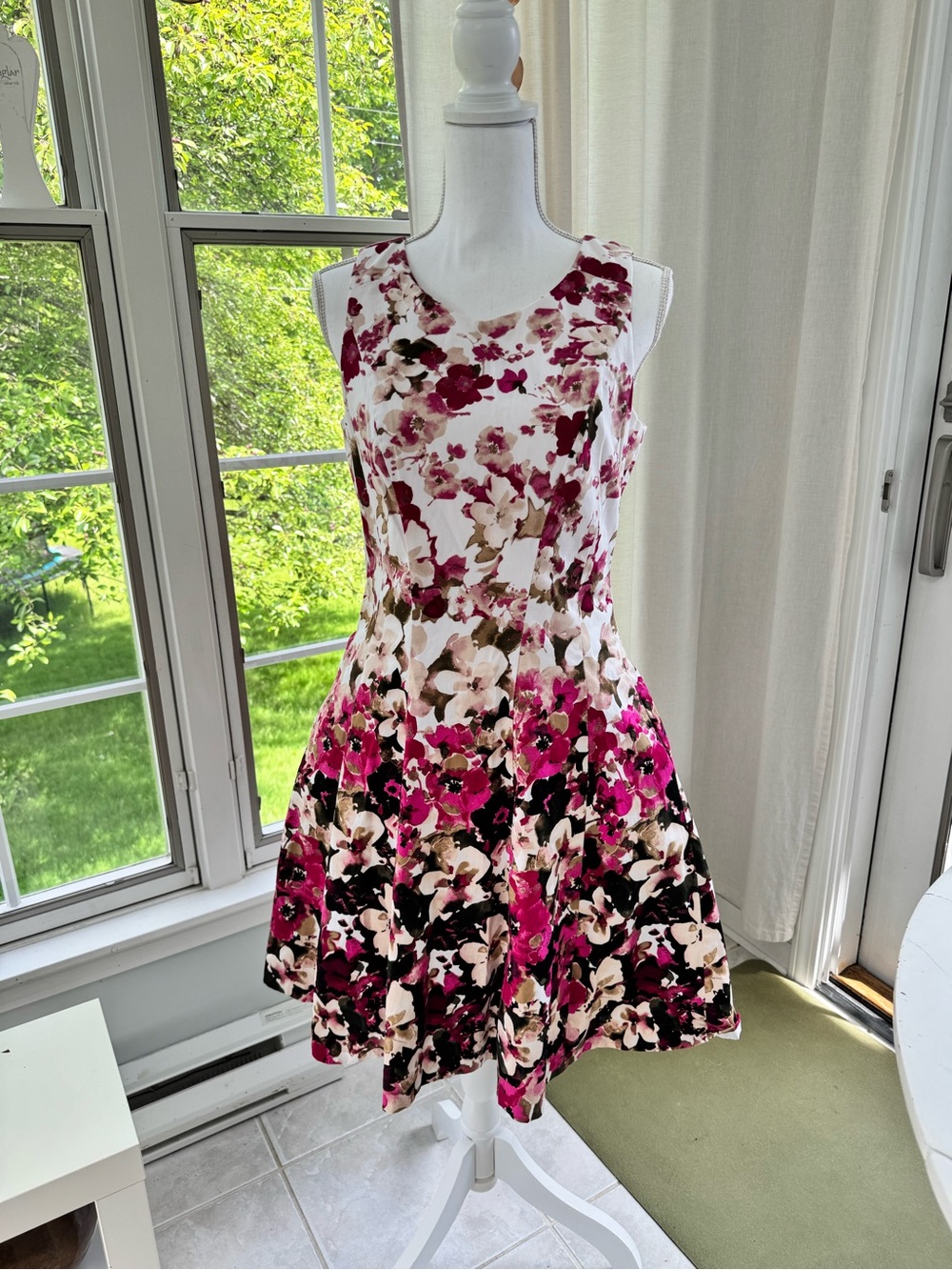 White House Black Market Floral Fit-and-Flare Dress in White, Pink, Burgundy